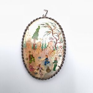 Vintage Persian Handpainted Design Silver Toned Pendant On Mother of Pearl